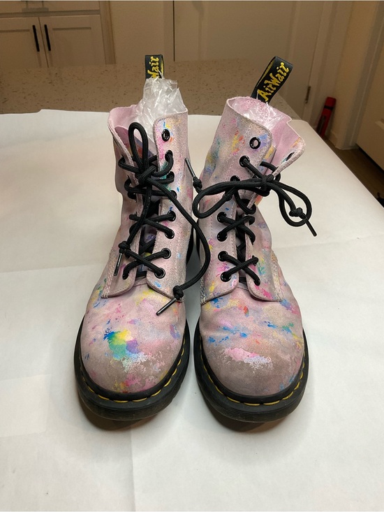 Dr. Martens Shoes - Dr. Martens Pink Multicolor Paint-Splatter Lace-Up Boots